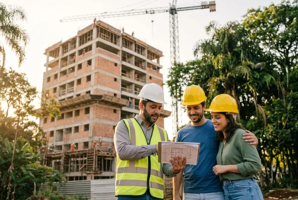 Engenheiro mostra a planta de um apartamento a um casal em uma obra de construtora em Maringá