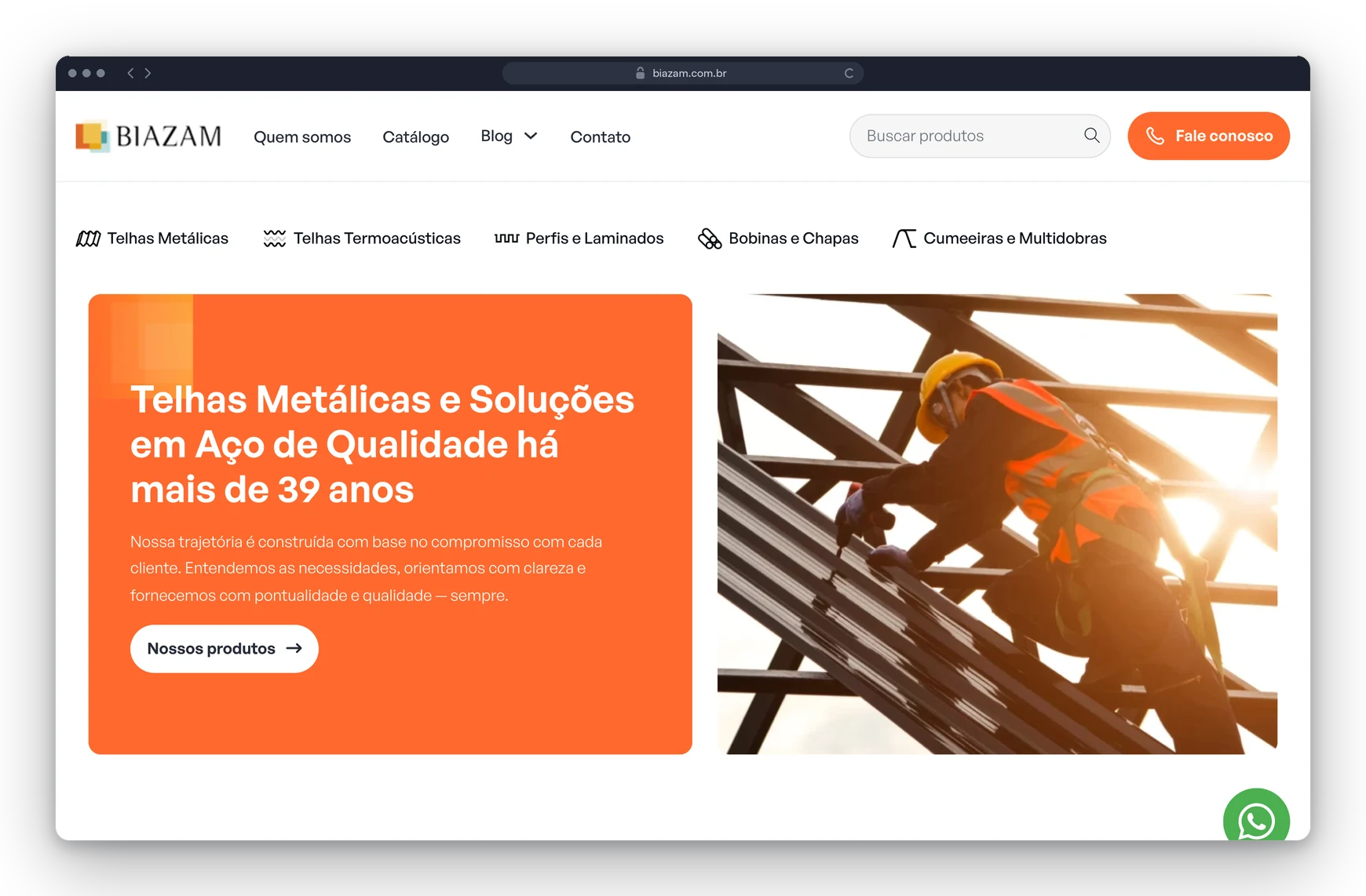 Site da Biazam, de telhas metálicas e soluções em aço, criado pela Lavuh