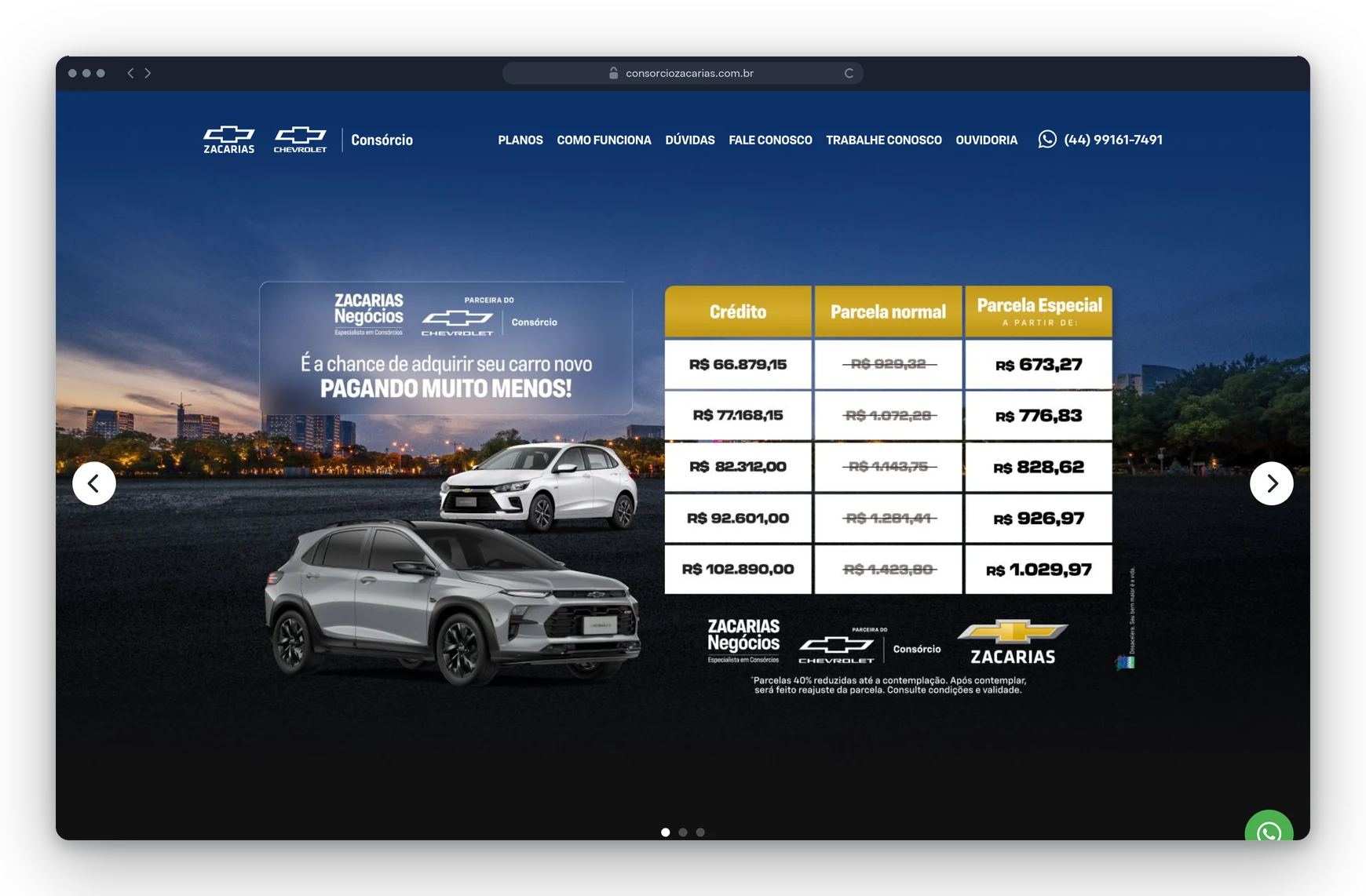 Site do Consórcio Zacarias, de consórcio de veículos Chevrolet, criado pela Lavuh