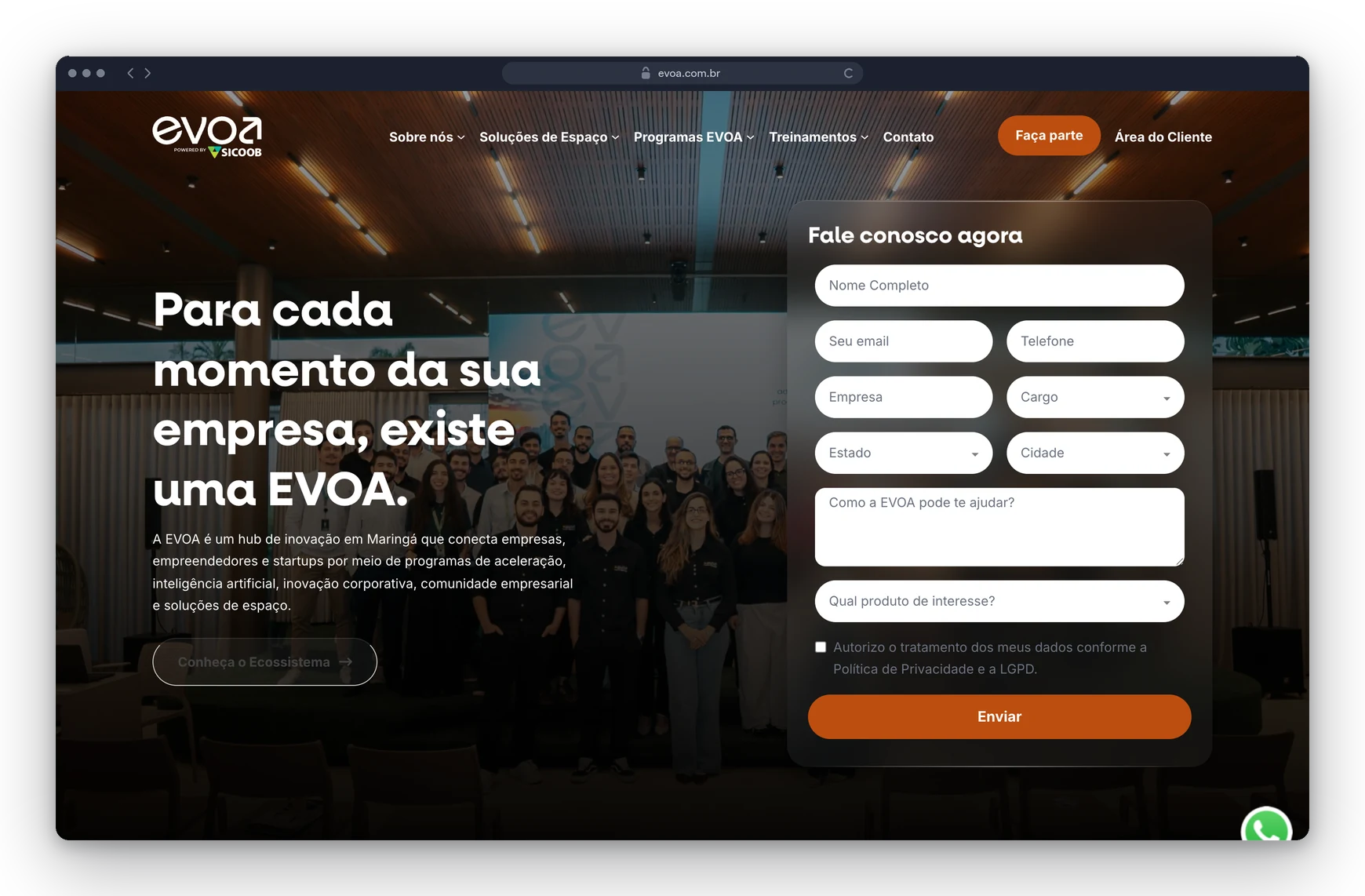 Site da EVOA, hub de inovação de Maringá, criado pela Lavuh