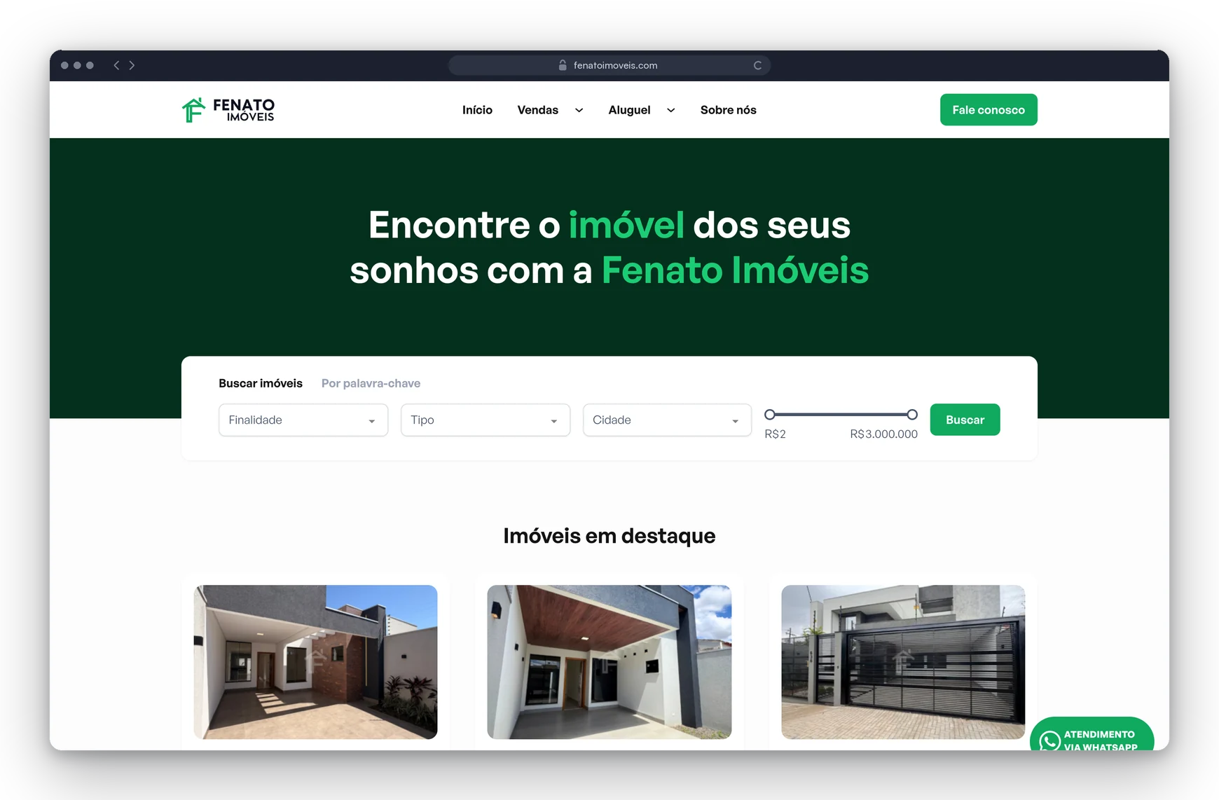 Site da Fenato Imóveis, criado pela Lavuh, em uma janela de navegador