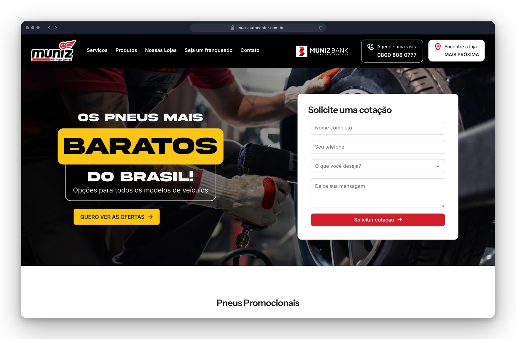 Site da Muniz Auto Center, rede de pneus e serviços automotivos, criado pela Lavuh